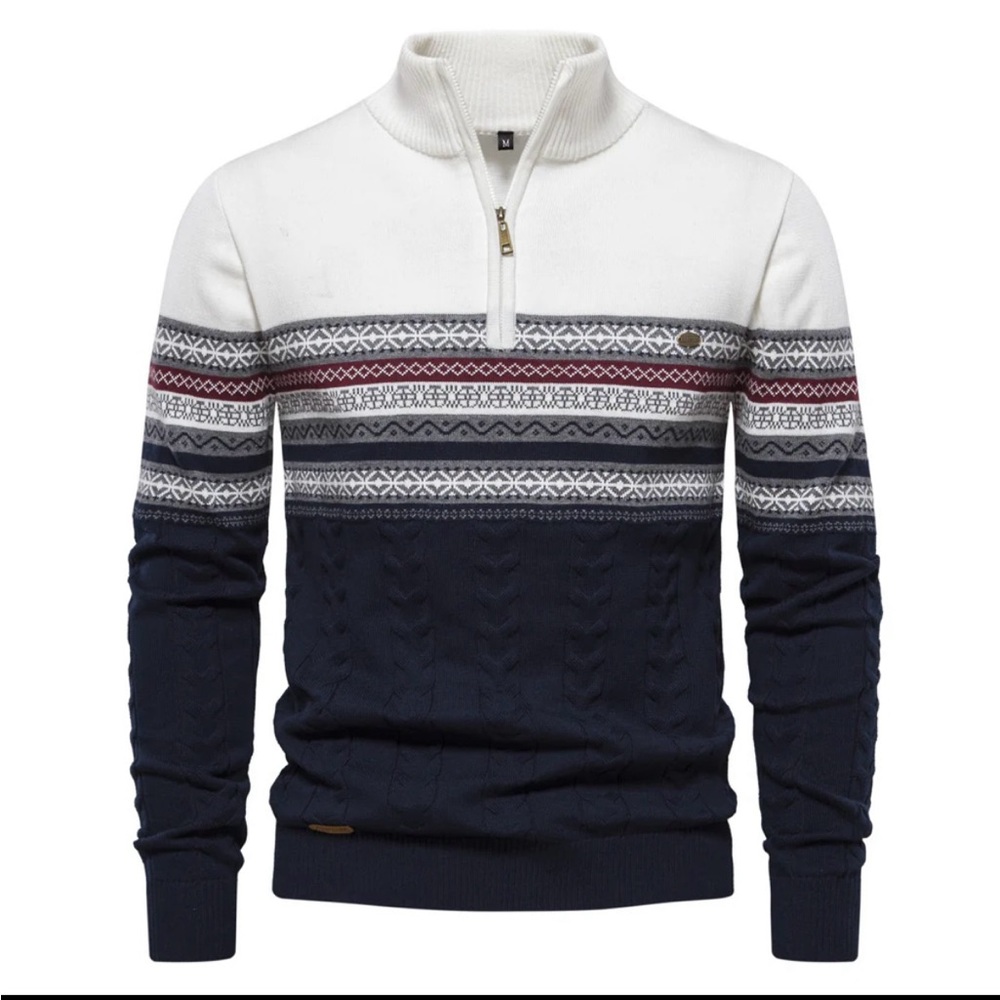 Men's Stylish Zip-Up Sweater - Navy, White, and Red